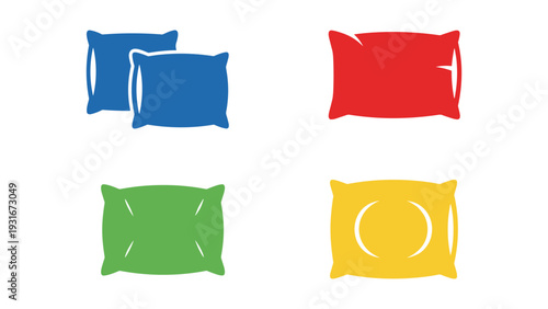 Four colorful pillows arranged in a two-by-two grid with different designs