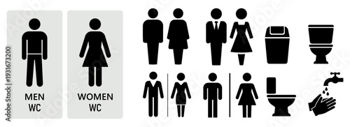 Restroom door pictograms. Woman and man public toilet vector signs, female and male hygiene washrooms symbols, black ladies and gentlemen wc restroom ui