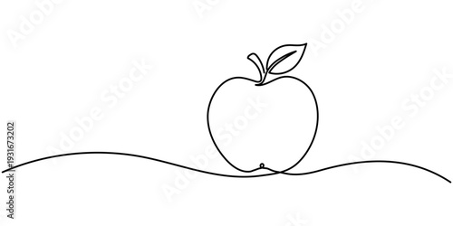 Continuous one line of drawing apple. Outline vector art illustration. Hand drawn one line vector. Editable stroke
