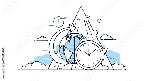 Blue and white conceptual line art showing a world globe, a clock face, and a mountain peak with an orbital arrow.
