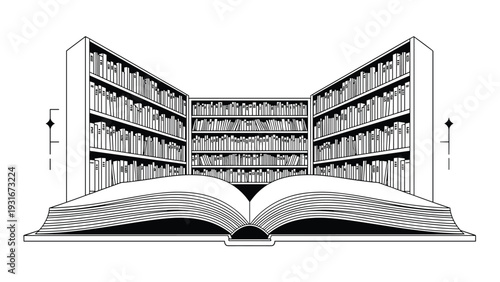 Open book in the foreground leading into a perspective view of three large bookshelves filled with volumes in a library.