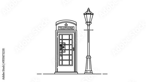 Iconic British red telephone box situated next to a traditional street lamp post in a classic black and white line drawing.