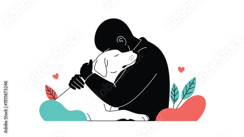 Emotional illustration showing the silhouette of a man warmly hugging a large white dog with heart symbols and leaves.