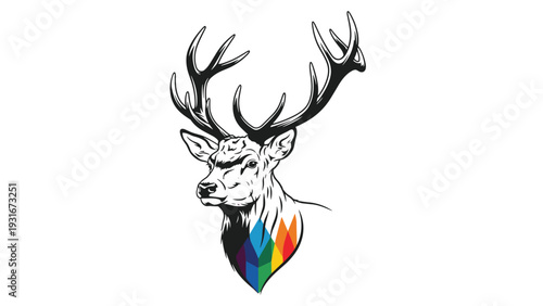 Detailed black and white deer head with large antlers featuring a vibrant rainbow pattern on its chest against white background.
