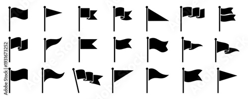 Different flag icons set. Black flags icons and pennants signs isolated on white background for infographic. Black flags silhouettes icons Vector illustration