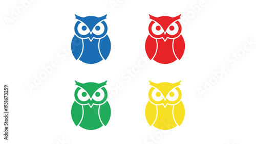 Four colorful stylized owls in a square formation