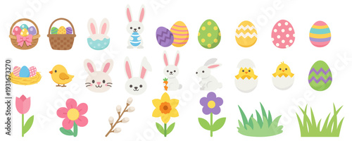 Happy Easter decorations set, cute spring holiday elements, eggs, bunny, flowers and lettering flat vector illustration