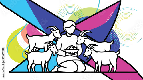Person sitting and feeding four white goats with a bowl of food against a vibrant abstract background of triangles and swirls.