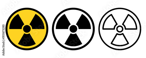 Radiation hazard symbol set. Nuclear danger icon in three versions: colored, black silhouette, and outline.
