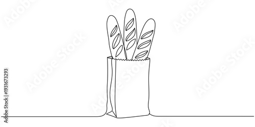 Single continuous line drawing of French baguettes in a paper bag. Editable stroke
