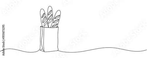 Single continuous line drawing of French baguettes in a paper bag. Editable stroke