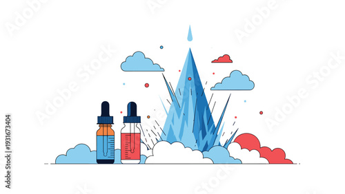 Abstract concept of an erupting blue volcano surrounded by white clouds with two medicine dropper bottles in the foreground.