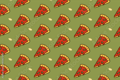 Pizza slice with leaves colorful seamless pattern on green background set for restaurant. Pepperoni pizza cartoon pattern background. Italian cheesy pizza doodle isolated illustration motif.