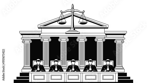 High court scene showing five judges in robes sitting at a long bench with a large scale of justice on the building pediment.