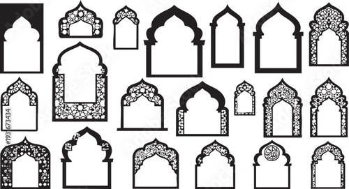 Vintage architectural design set featuring vector icons and silhouettes of ancient Greek Orthodox church buildings as travel symbols and artistic illustrations