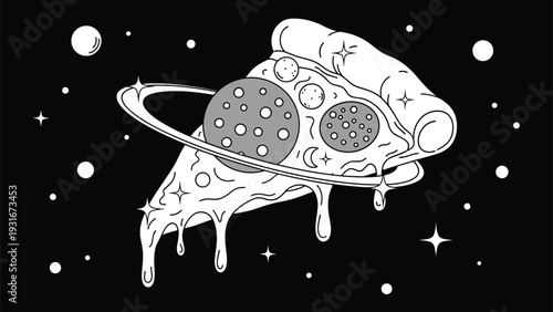 Surreal illustration of a pizza slice floating in outer space as a planet with rings surrounded by stars and other celestial bodies.