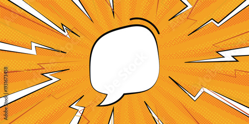 Bright orange pop art background with comic style speech bubble and lightning bolts for advertising