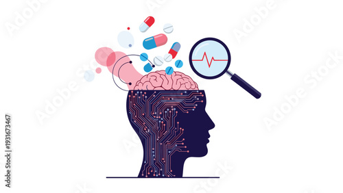 Profile silhouette of a human head with a circuit board brain being scanned by a magnifying glass amidst medicine pills.