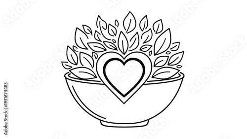 Ceramic bowl filled with various leaves and a heart symbol in the center representing healthy eating and plant based diet.