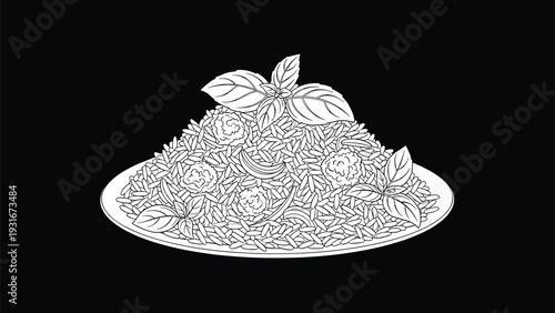 Delicious plate of seasoned rice topped with meatballs and fresh basil leaves in a black and white line art style.