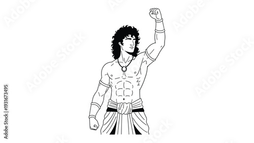 Strong warrior figure with curly hair and muscular physique raising a clenched fist in a victory or power gesture.