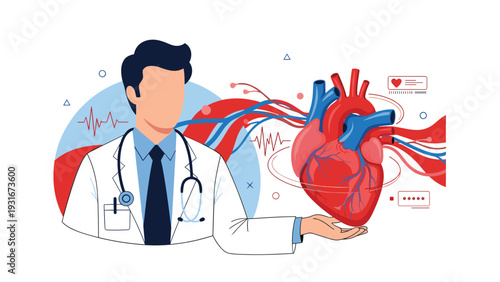 Male doctor in a lab coat and stethoscope holding a detailed red human heart anatomical model against an abstract background.