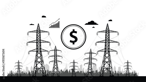 Electric power transmission towers in a city landscape with a large dollar coin symbol representing energy costs and utility prices.