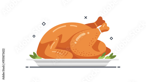 Delicious roasted turkey is served on a white platter decorated with green herbs for a festive holiday dinner celebration.