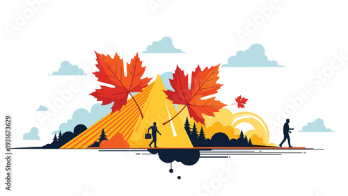 Autumn landscape illustration shows silhouettes of people walking among large maple leaves and a forest under a cloudy sky.