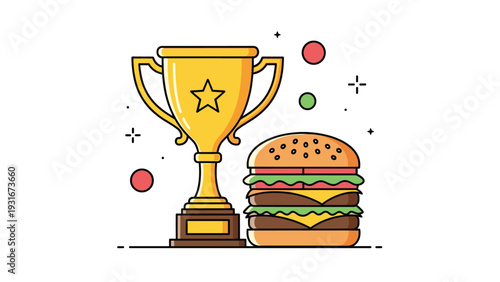 Winning food concept depicts a shiny golden trophy standing next to a delicious double cheeseburger with fresh ingredients.