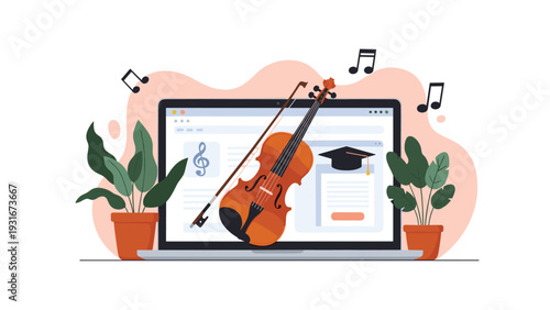 Online music learning platform displays a violin, graduation cap, and musical notes on a laptop screen surrounded by plants.