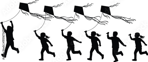 Six children silhouettes running and playing outdoors with kites, diverse group of boys and girls flying kites against white background, active childhood summer fun.