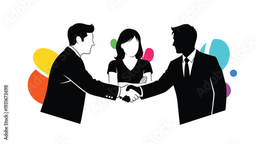 Business silhouettes show two professionals shaking hands while a woman observes in front of colorful abstract background shapes.