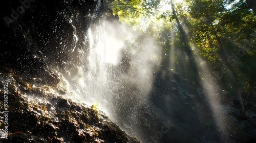 Sunlight Filtering Through Waterfall Mist in Lush Forest Setting