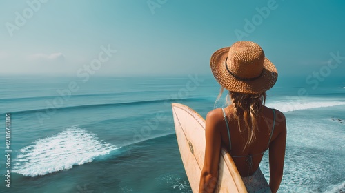 Woman with Surfboard Enjoying Serene Ocean View on Sunny Day