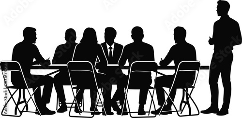 vBusiness meeting and corporate presentation silhouette with professional team sitting at table for cad drawing flat vector illustration design background,