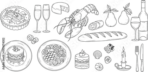 Gourmet celebration dinner set with lobster salmon steak wine cheese and pears for cad drawing flat vector illustration design background,