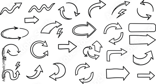 Hand drawn arrow icon set with curved straight circular and pointing symbols for business navigation cad drawing flat vector illustration,