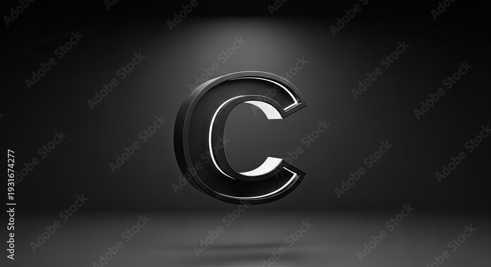 Fototapeta premium Elegant black metallic letter c isolated on dark background with lighting