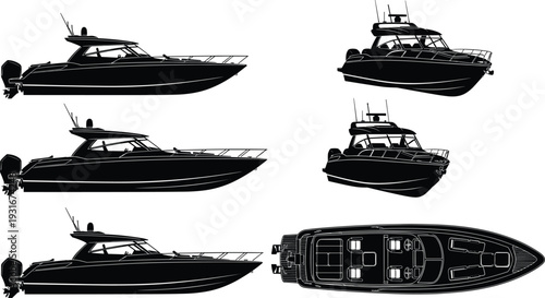 Motorboat and speedboat silhouette vector set with luxury yacht side and top view for marine cad drawing flat vector illustration,