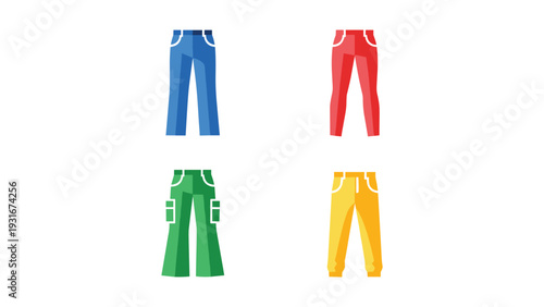 Four stylish pairs of colorful pants displayed side by side