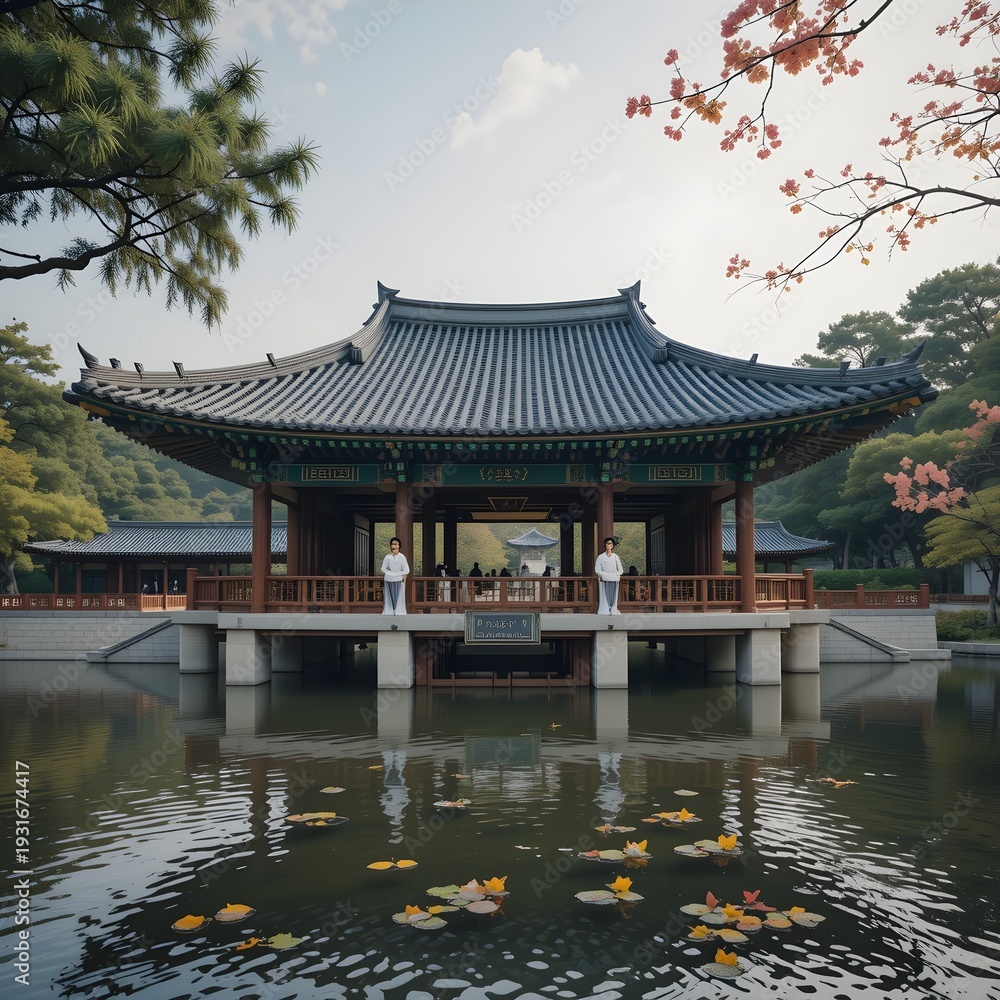 Obraz premium Gyeonghoeru Pavilion in the Joseon Dynasty is a pavilion built in Gyeongbokgung Palace's pond where the king and his servants hold a banquet or entertain foreign envoys