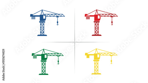 Four colorful construction cranes in different orientations and colors