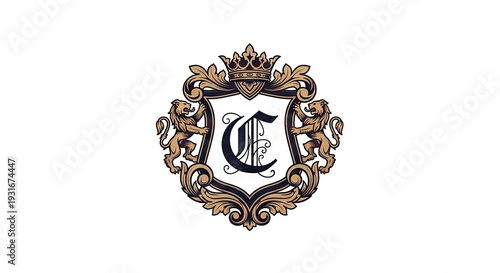 Elegant heraldic crest design with lions and crown on white background