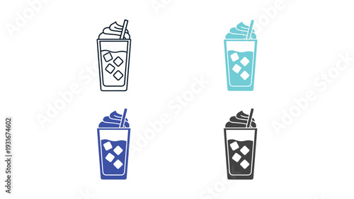 Colorful illustrations of four different iced drink cups with lids and straws
