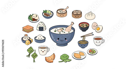Cute Kawaii Asian Breakfast Food Set Illustration with Smiling Faces, Traditional International Morning Meal Characters Vector