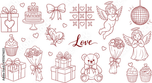 Valentine Day and love icon set with gift boxes angels teddy bear cakes and flowers for cad drawing flat vector illustration,