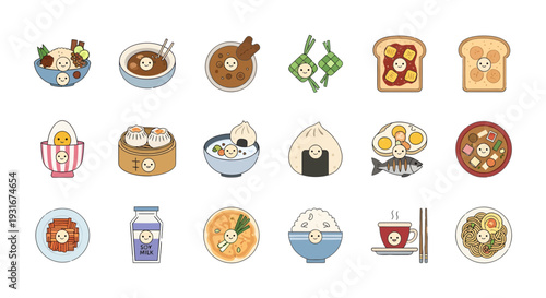 Cute Kawaii Asian and International Breakfast Food Icon Set, Hand Drawn Doodle Style Vector Illustration of Morning Meals with Smiling Faces