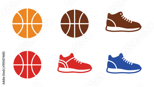 Collection of basketball-related icons including balls and athletic shoes
