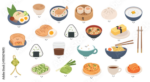 Cute Kawaii Asian Breakfast Food Set Illustration with Smiling Faces, Traditional Oriental Cuisine Icons Isolated on White Background